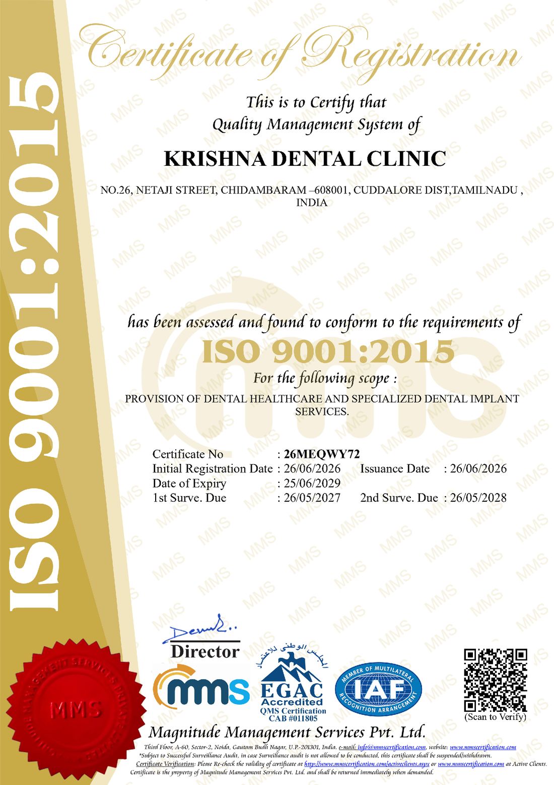 ISO 9001:2015 Certificate of Registration for Krishna Dental Clinic
